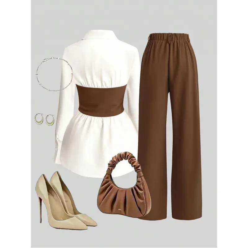 2pcs Set: Waist Cinching Shirt & Wide Leg Pants, Slimming Design, Lapel Collar Business Casual Woman Set Vintage Brown Outfit Office Outfit Long Sleeve Bottom