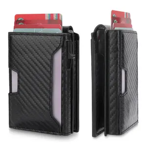 Men's Slim Wallet:4-6 Card Capacity.Aluminum Channel.Pop - Up Card Buttonkeyring.RFID Blocking.ID Window.Smaller and more Portable.