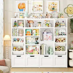FOTOSOK 55.1" W Toy Storage with Sliding Bookshelf, Large Kids Bookshelf with 4 Movable Drawers and 4 Bins