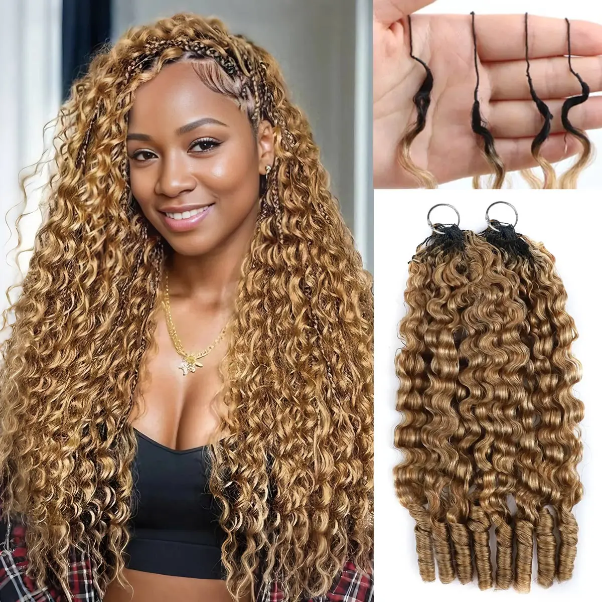 OQ HAIR Colored #27 Burmese Curly Crochet Human Hair Pre-Separated 50g/Pack Time-Saving 35-38 Strands/Pack Mircale Knots Hot braids 4-5 Packs for Full Head Protective Styles Reusable Feather Crochet Vacation Hair