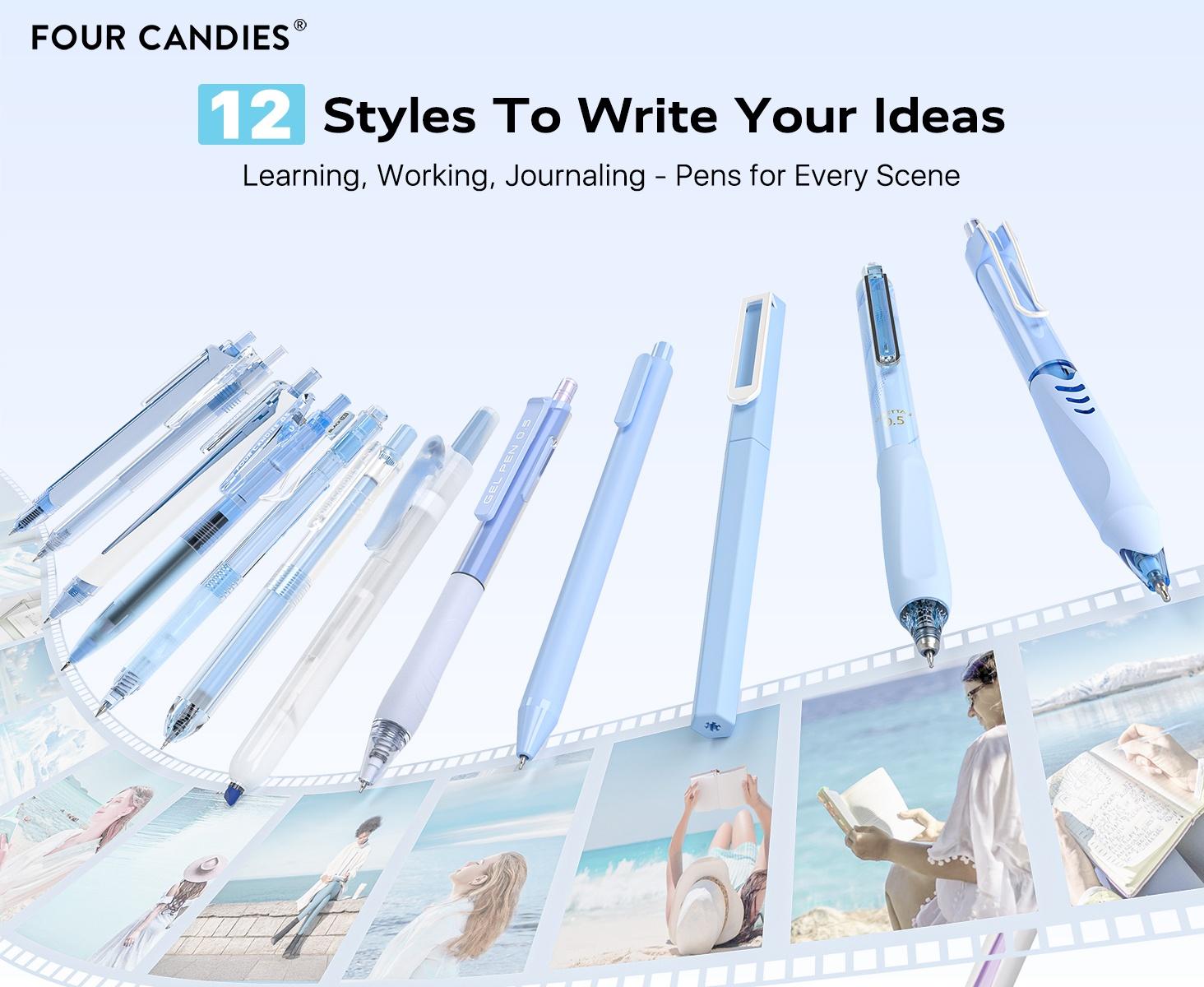 Four Candies 12PCS Pastel Gel Ink Pen Set with Case, Cute Retractable 0.5mm Fine Point 11PCS Black Ink Pens with 1PCS Highlighter, Aesthetic Pens for School, Student Note Taking, Writing, Office Stationery & Supplies, HolidayHaul