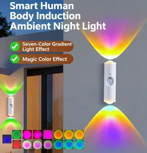 Smart Motion Sensor LED Night Light RGB Wall Sconce, USB Rechargeable Magnetic Dimmable Ambient Lighting, Stick-On No Drilling Bedside Lamp, Closet Step Light, Indoor Home Decor for Bedroom Hallway Stairway Entryway Living Room