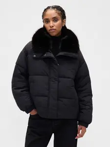 Faux Fur-Trim Puffer Jacket Color Black