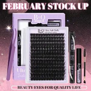 B&Q 200D Kit l Dramatic Soft Mega Volume Lashes,D-Curl, Updated Silk Protein Material Clusters,DIY Lashes Extension, Week Long Lasting Feb Stockup
