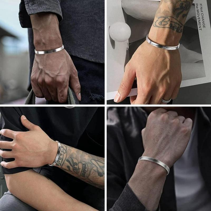 MILACOLATO 4Pcs Stainless Steel Bracelet Men's Cuff Bracelets Silver Cuff Bracelet Leaves Pattern Twisted Open Cuff Bracelet for Men Daily