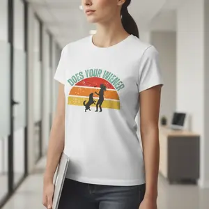 Does Your Wiener Do Tricks Too? Dachshund Retro Sunset T-Shirt - Medium Length, Sleeveless, Vintage Style, Summer Tee, 100% Airlume Cotton, Ethically Made