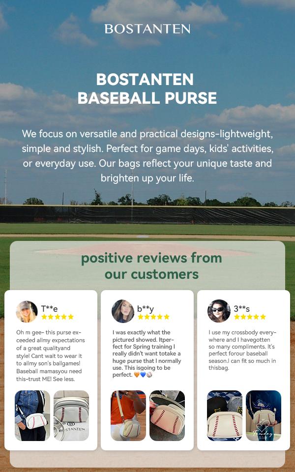 BOSTANTEN Baseball Crossbody Purse for Women,Small Shoulder Bag Vegan Leather Sports Moms with Adjustable Strap,clear bag stadium approved for baseball game fan Casual Daily