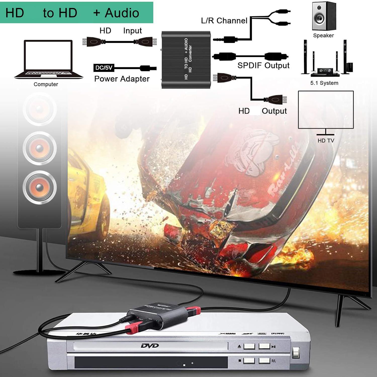 4K HDMI Audio Extractor Splitter, HDMI Audio Video Converter Adapter + Optical Toslink SPDIF + AUX 3.5mm Audio Jack Analog Audio Compatible with Fire Stick, Blu-Ray Player