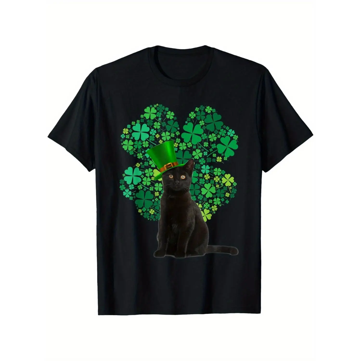 Women's Classic Round Neck Short Sleeve 100% Cotton Graphic T-Shirt - 220g Soft Fabric Black Cat With Leprechaun Hat & Shamrock Print Western Style Casual Daily Clothes, Summer Apparel, Shortsleeve