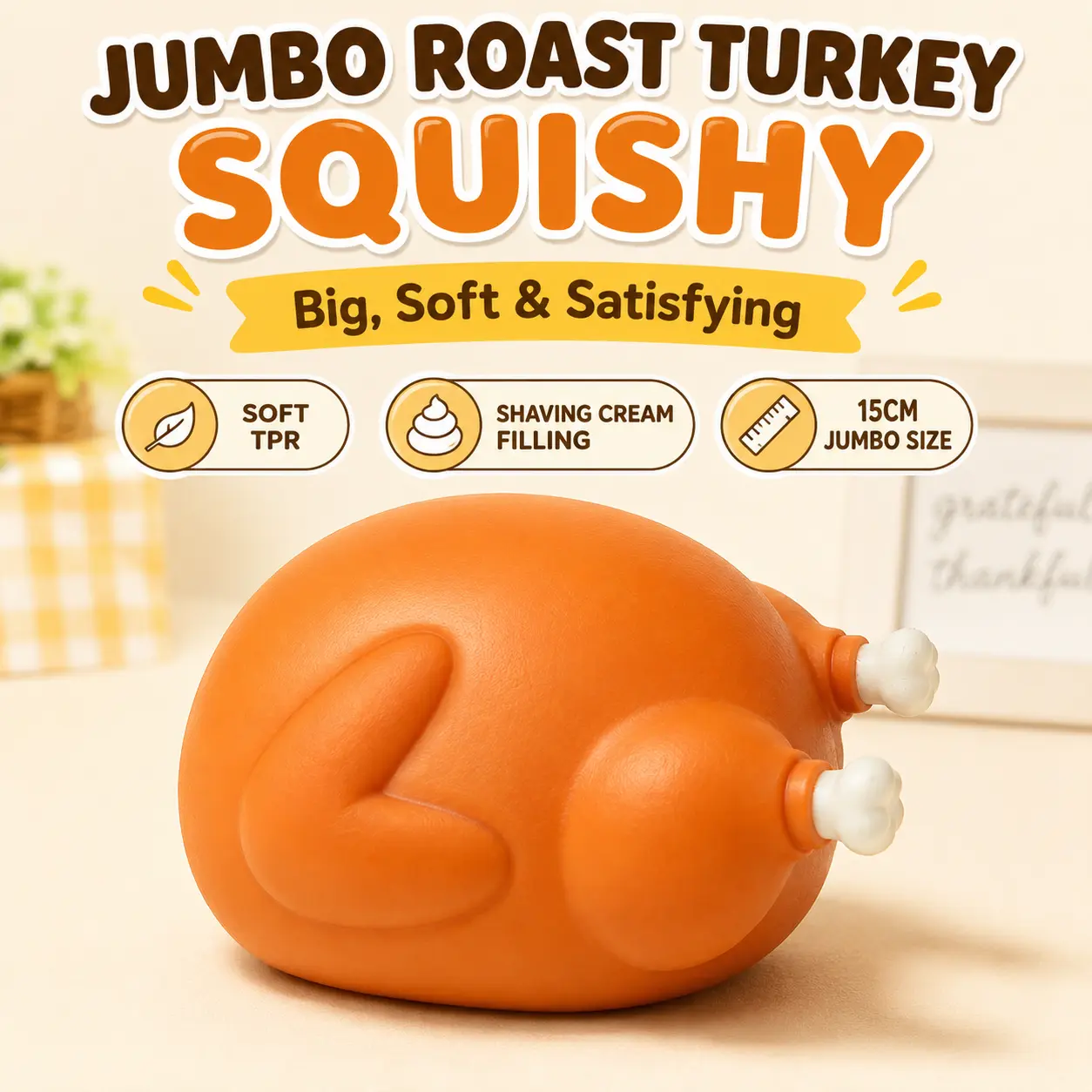Jumbo Squishy Giant Roast Turkey Toy, Realistic Whole Roasted Chicken TPR Squeeze Toy with Shaving Cream Filling, Soft Sensory Stress Relief Fidget Toy for Adults and Kids, Desk Toy and Fun Gift