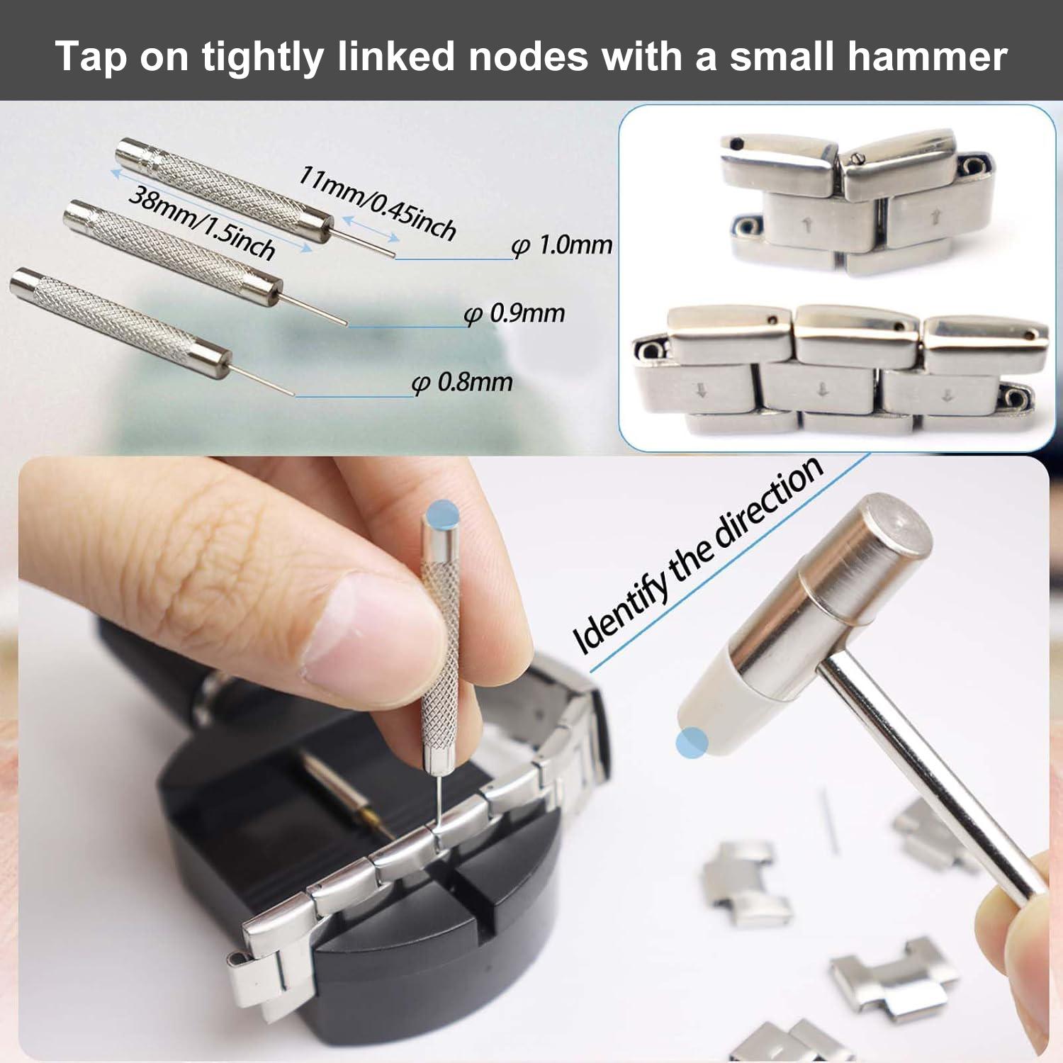 Watch Link Removal Kit, Watch Band Adjustment Sizing Tool Set with Watch Hammer, Spring Bar & Extra Pins Replacement for Watch Strap Repair