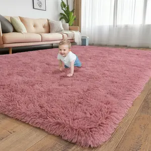 Bean Paste Pink Silky Rugs, Ultra Soft Shaggy Fuzzy Throw Cute Large Fluffy Area Rug for Living Room Bedroom Girls, Modern Pastel Plush Nursery Toddler Kids Dorm Floor Carpets, Non Slip Washable Easy Clean Durable, High Traffic Pet-Friendly, Non-Shedding