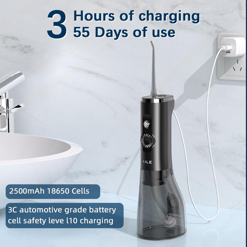 AILE Water Flosser,100 Modes for Teeth,Powerful and Rechargeable Oral Irrigator,LED Display,300ML Tank,IPX7 WP,Cordless Portable,Brace Care,Gift