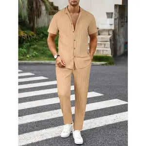 Men's New Trend Textured Wave Stripe Short Sleeve Long Pants Casual Set