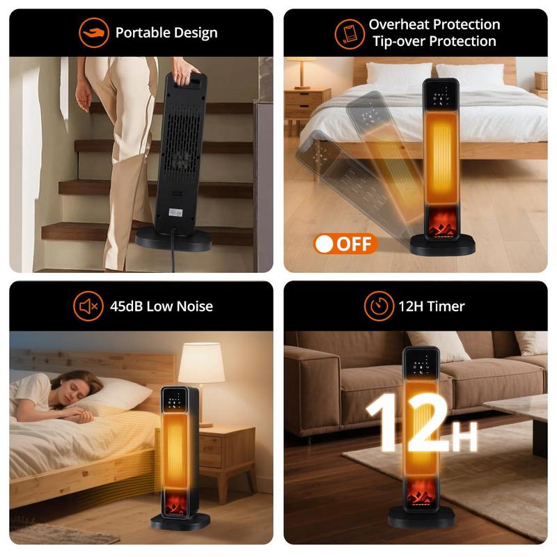 Space Heaters for Indoor Use 1500W PTC Electric Fireplace Heater with 90° Oscillation Child Lock Tip-over Protection Eco Mode 12h Timer Remote Control 3D Flame Effect Home & Office Heating System