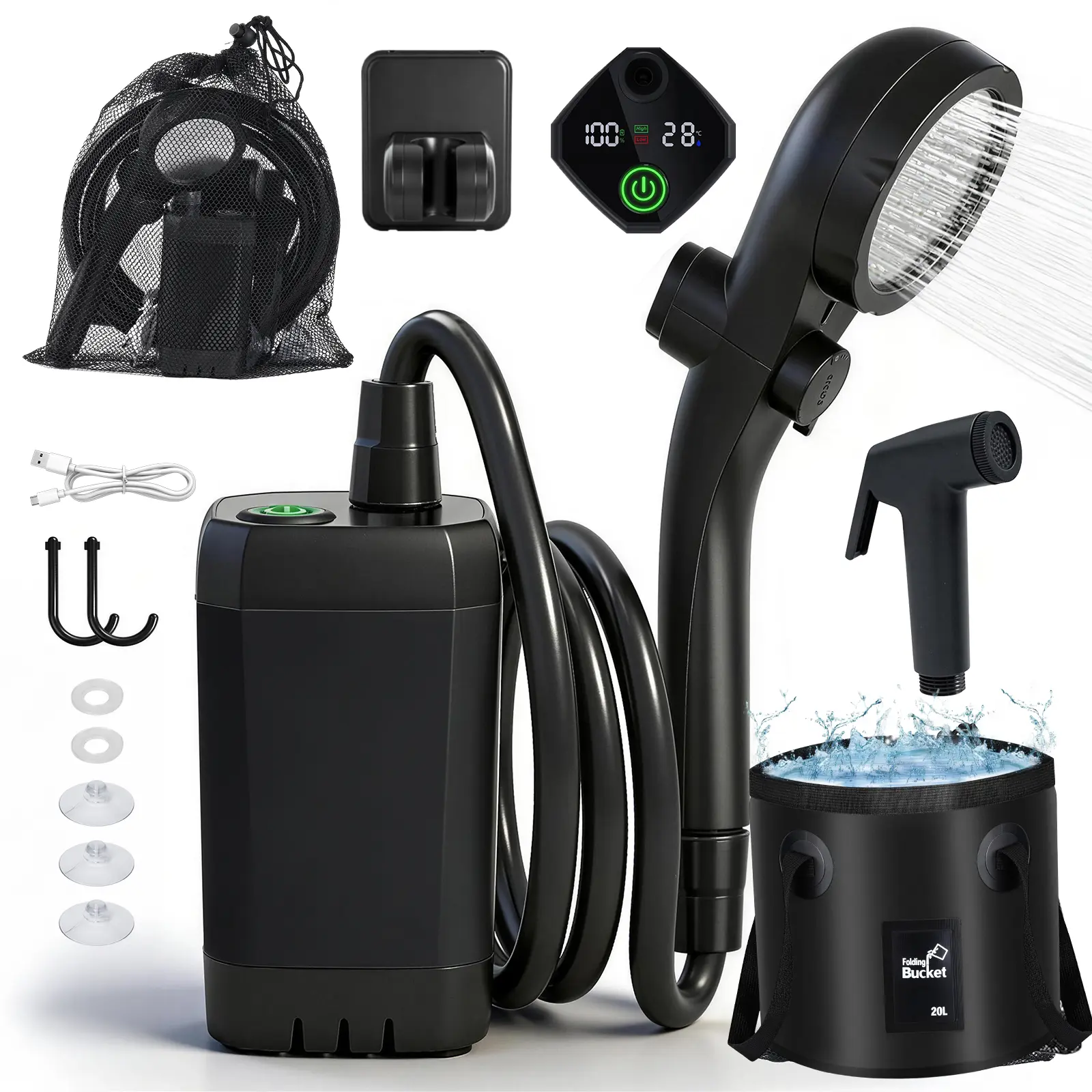 Senmeo Portable Outdoor Camping Shower - Black, 6000mAh USB Pump, Rechargeable, Ideal for Beach, Hiking, Pet Bathing, Easy to Carry, Versatile for Outdoor Activities, Camping Equipment, Portable Head Showers, Water Backpack Showers