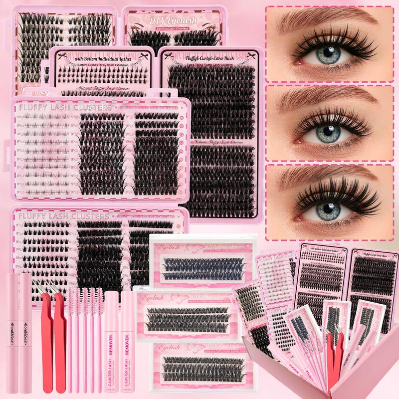 Cluster Lash Extension Gift Set, 30D 40D 60D 80D 100D Natural Styles Cat Eyes Extra Volume, Soft & Lightweight, with Bond & Seal, Remover, Tweezers, Brush, Easy DIY Eyelashes at Home, Salon Look at Home, Long-Lasting Glamorous Effection Valentine's Day