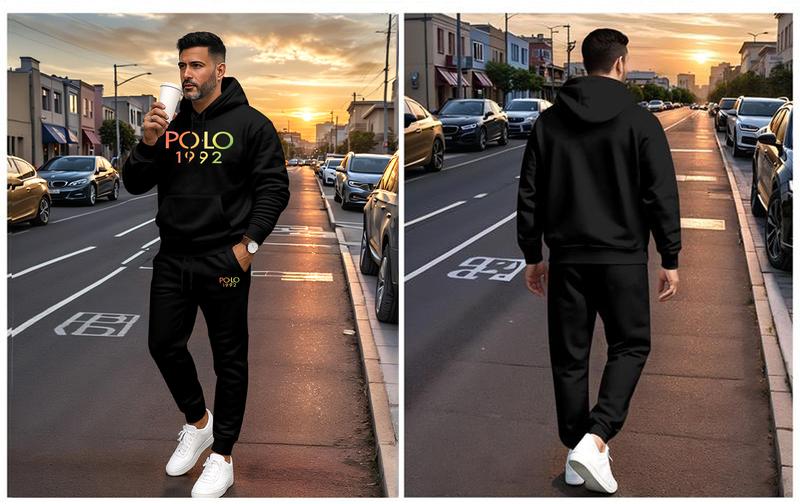 Men's Polo 1992 Print Hoodie & Drawstring Sweatpants Set, 100% Polyester, Casual Athletic Long Sleeve, Soft Breathable Fabric, Loose Fit, Spring Autumn Winter Tracksuit, Minimalist Style