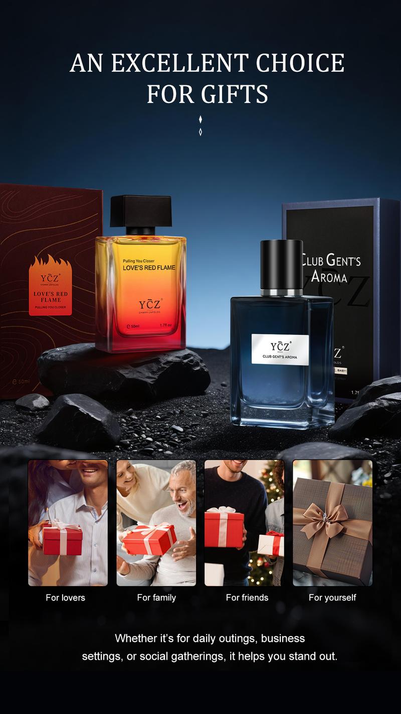 YCZ Men's EDP 2-Piece Set Club Gent's Aroma & Love's Red Flame 50ml Each Aromatic Woody Fruity Chypre Long-Lasting Fragrance for Night & Daily Wear Gift Bundle Cedarwood Amber