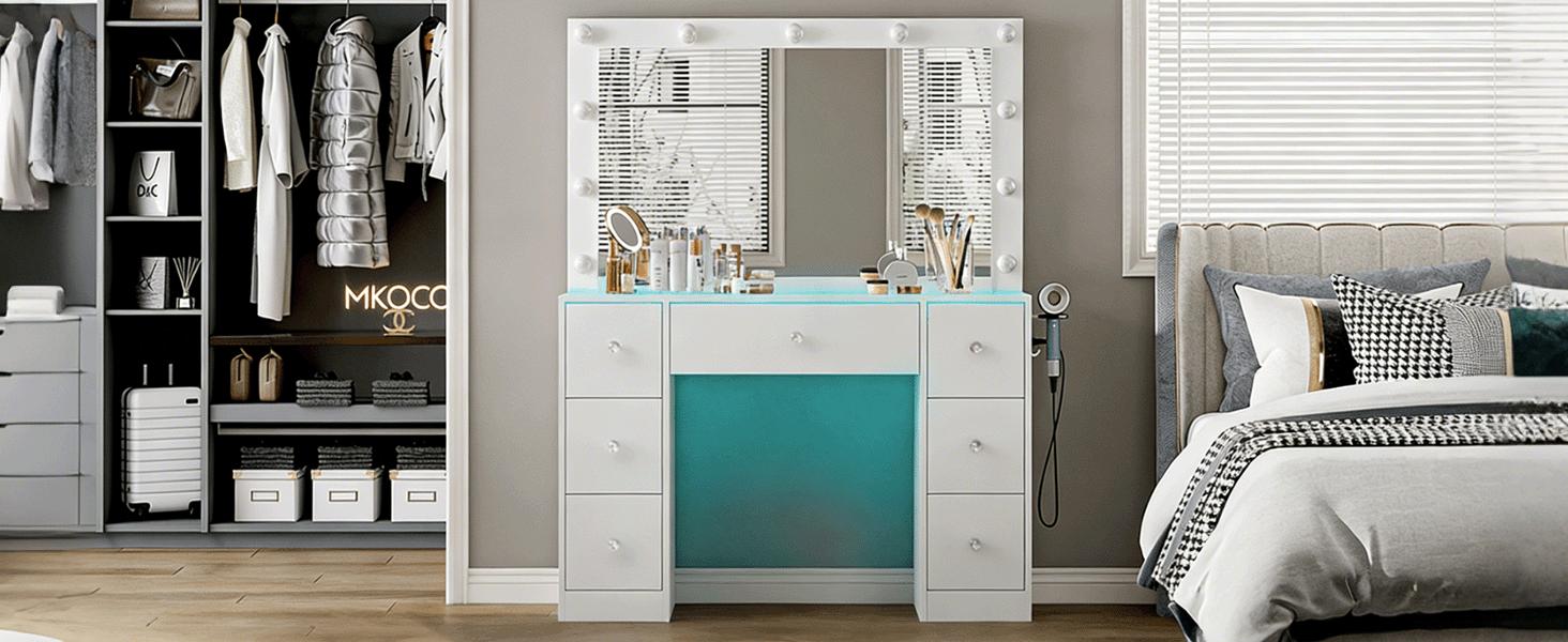 CollaredEagle Dressing Table with Power Socket, 11 Adjustable Lights, Mirror, 7 Drawers, 11 Compartments, Padded Stool for Bedroom, Walk-in Closet, White Vanity Desk Furniture CollaredEagle Dressing Table with Power Socket, 11 Adjustable Lights, Mirror, 7 Drawers, 11 Compartments, Padded Stool for Bedroom, Walk-in Closet, White Vanity Desk Furniture