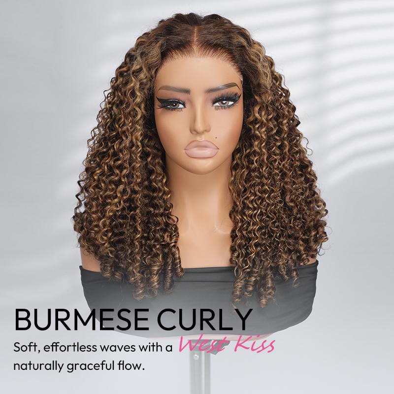 [Burmese Curly] West Kiss Glueless Reddish Brown Burmese Curly 7x5 Lace Closure Wigs Human Hair Pre Cut Pre Plucked with Natural Hairline FebruaryFaves