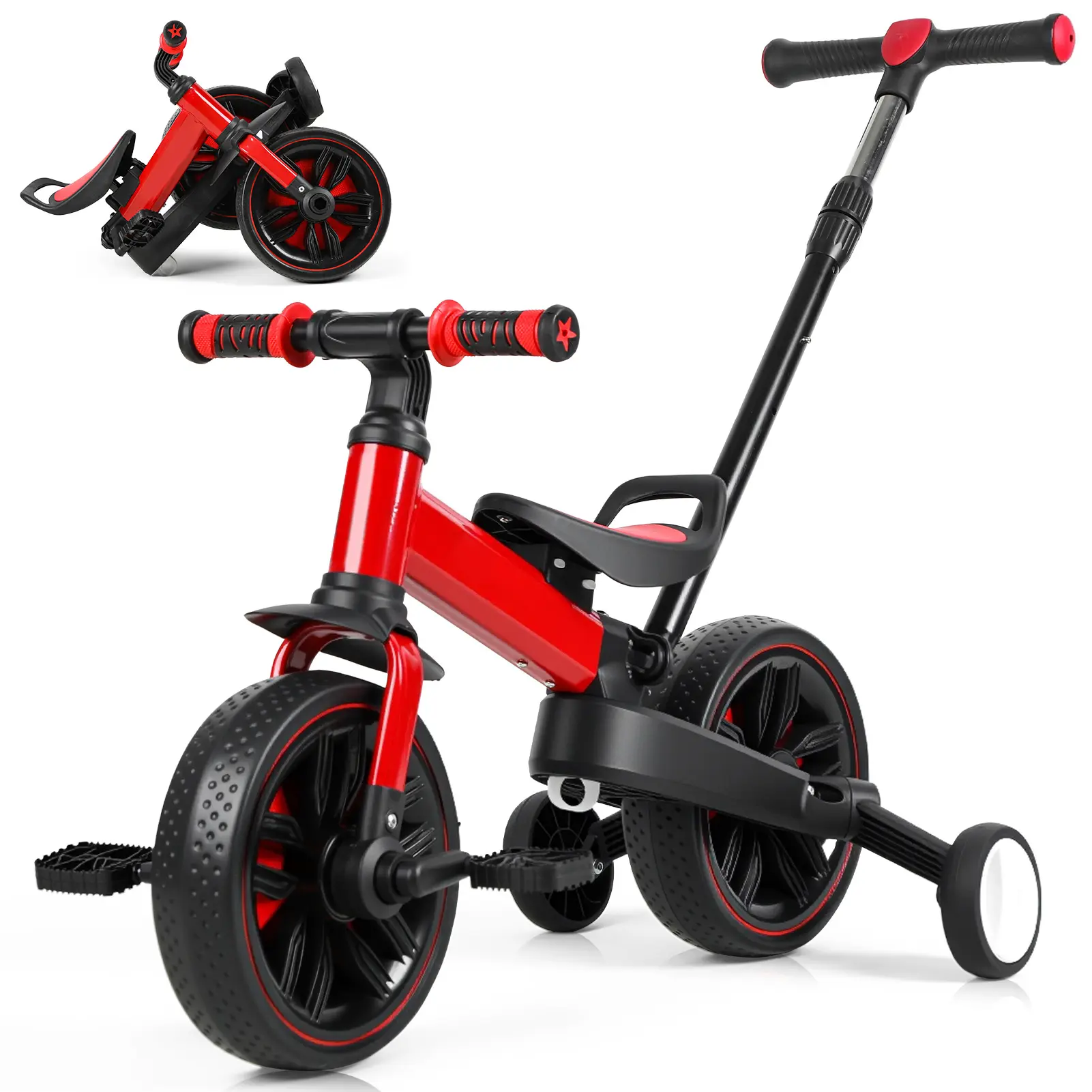 Multifunction 7-in-1 Children's Bicycle for 2-7 Years Olds, Foldable Durable Balance Bike with Push Handle, Auxiliary Wheels, Pedals, Brakes, Kickstand, Adjustable Saddle, Ideal Birthday Gift Toy for Kids