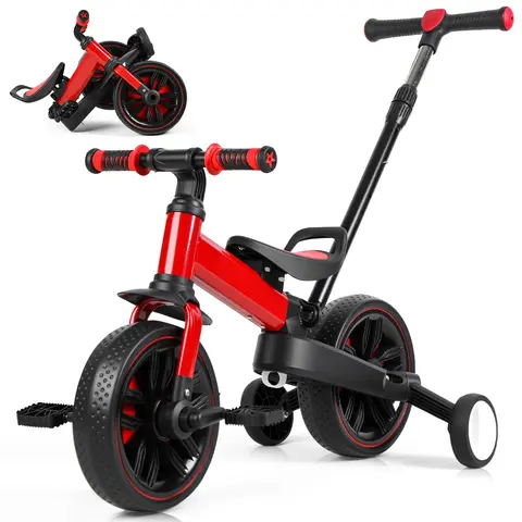 7-in-1 Foldable Children's Bicycle for 2-7 Years Old Boys & Girls - Durable Metal Frame, Push Handle, Auxiliary Wheels, Pedals, Brakes, Kickstand, Adjustable Saddle, Shock-Absorb Tires, Foldable Mode, Ideal for Balance Riding, Birthday & Holiday Gifts
