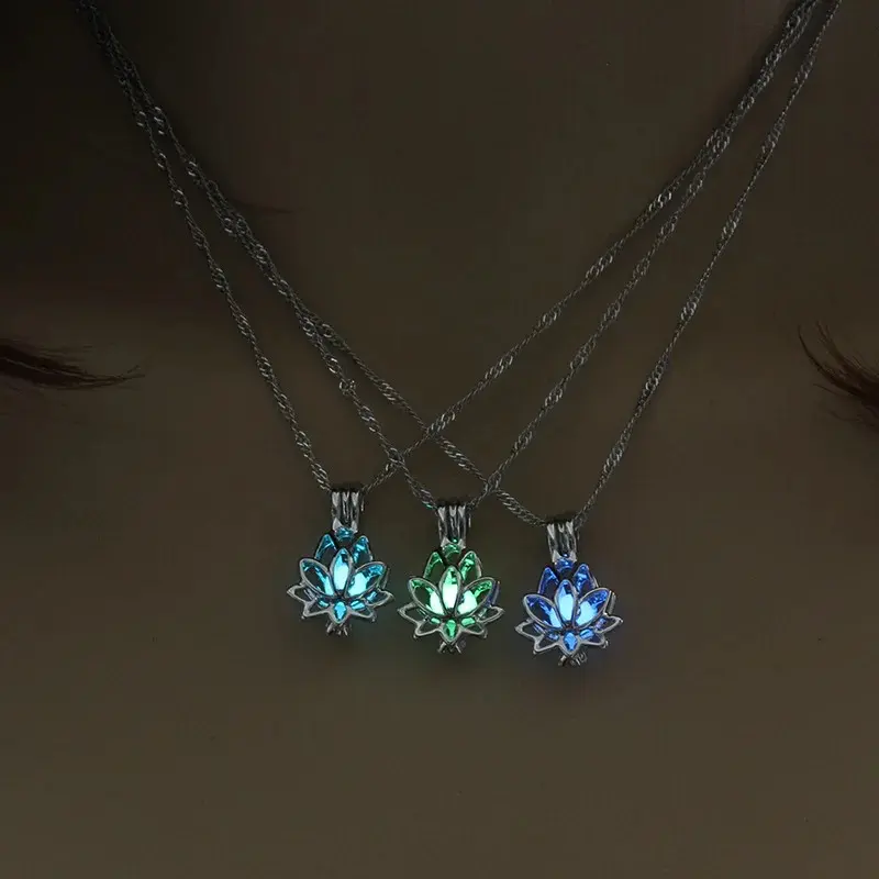 Luminous Glowing In The Dark Moon Lotus Flower Shaped Pendant Necklace For Women Yoga Prayer Buddhism Jewelry