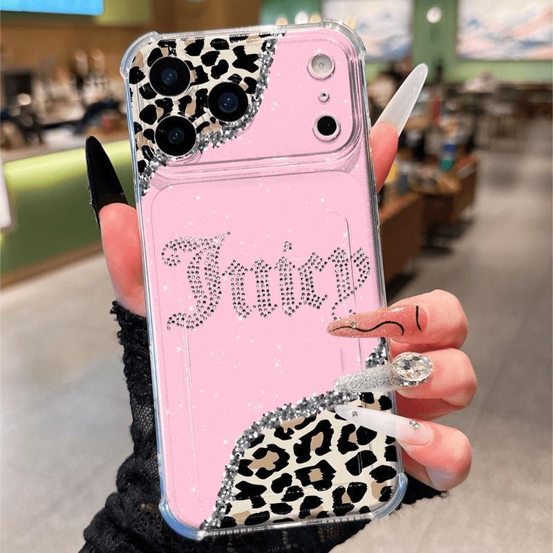 Transparent Card Slot Case, Leopard Pattern, Thick Anti-Drop Phone Cover Compatible with iPhone 17/17 Pro Max/air/11-16 Series Military-Grade Camera Custom Monogram Striped Glitter Electroplated Girly iPad Pen Anti-Slip Slim Shockproof Camo Tough