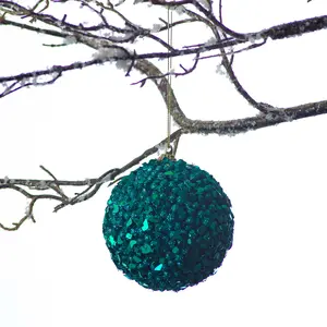Green & Turquoise Glitter & Sequin with Gold Trim Holiday Snowball Christmas Ornament