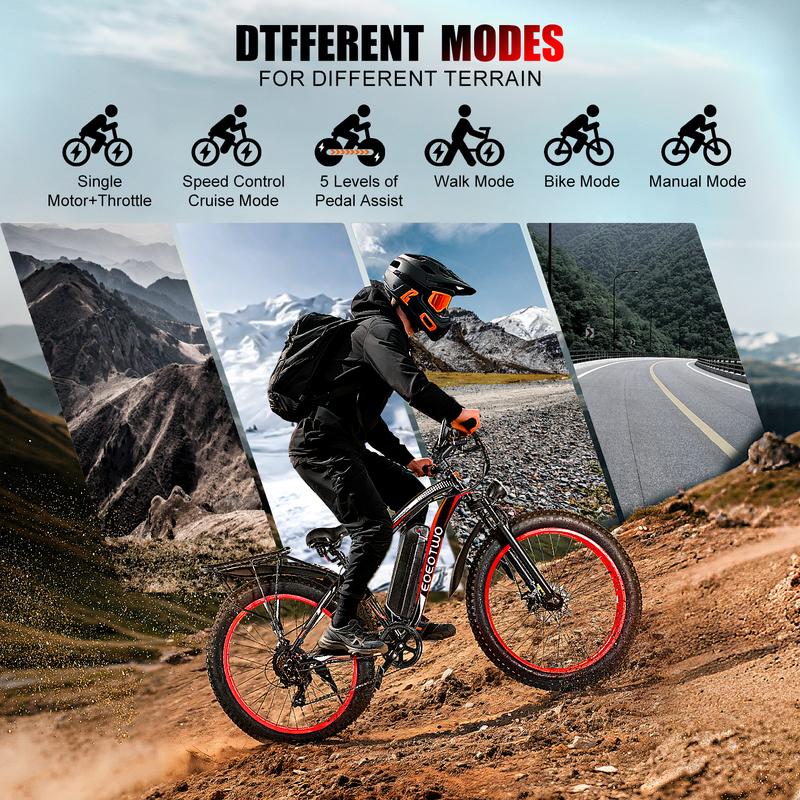 EOEOTWO 1500W Peak Motor Electric Bicycle with Front Suspension 48V 15AH Battery 26"x 4.0 Inch Tires 30+ MPH Speed 70 Miles Range for Snow Mountain Road Riding