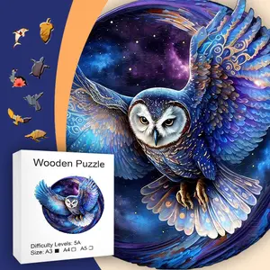 Viral Starry Sky Owl Round Wooden Puzzle | 5A High Difficulty A3/A4/A5 Sizes, Irregular Animal Pieces, Adult Stress Relief, Home Decor & Family Gift
