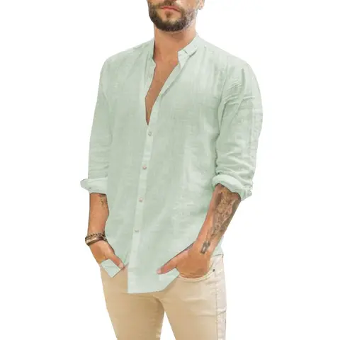 Runcati Men's Linen Shirt Button Down Long Sleeve Cotton Beach Band Collar Casual Summer Shirts
