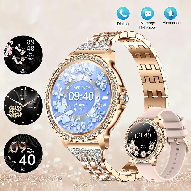 2026 New Women's Smart Watch Rose Gold IP68 with DiamondDial & Diamond-Studded Strap, 1.32" HD Touchscreen FitnessTracker, Bluetooth Call Answer/Reject, Sleep Monitor, 100+ Sport Modes, Extra Strap