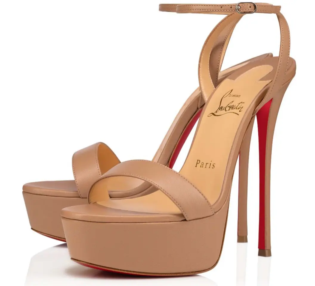 Christian Louboutin Loubi Queen Alta 150 Nude Leather Ankle Strap Platform Sandal Stiletto Heel Pump