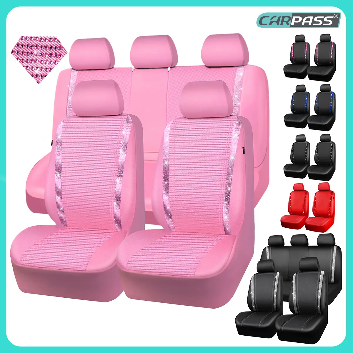 CAR PASS Bling Car Seat Covers Leather,Waterproof Shining Rhinestone Pink Accessories Universal Fit Auto Glitter Crystal Sparkle,Cute Women Girl