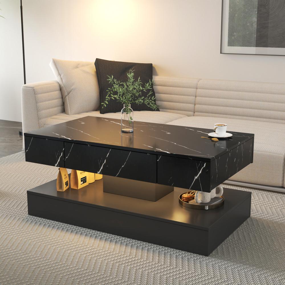 LED Coffee Table with Storage Drawer, Modern 16.93" Living Room Center Table, RGB Light Coffee Table Furniture, Black Finish