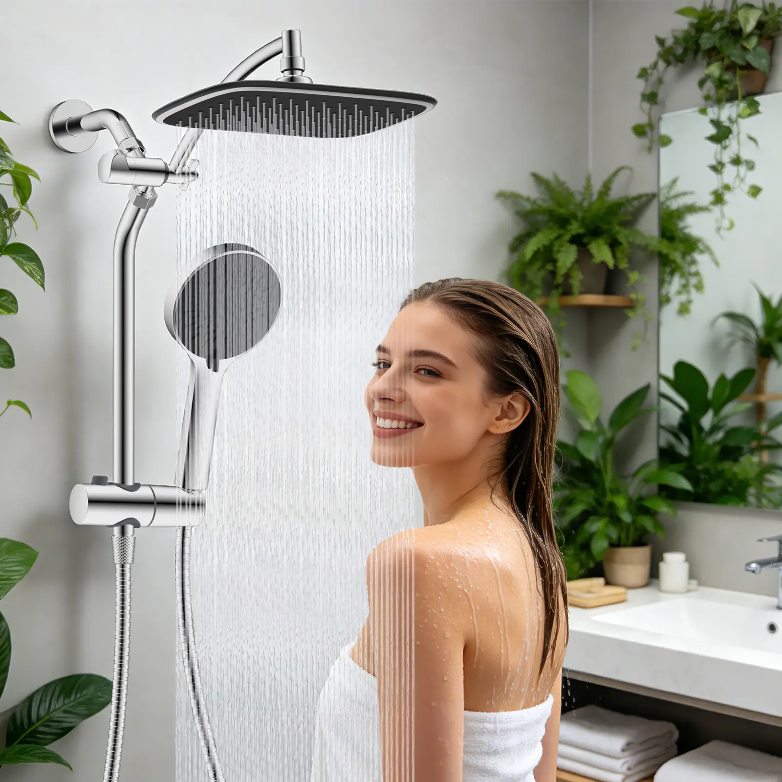 Hibbent Rain Shower Head with Handheld 5 Spray Combo, High Pressure Rainfall Shower Head, Height Adjustable Dual Shower Head, Luxury Waterfall Showerhead Bathroom