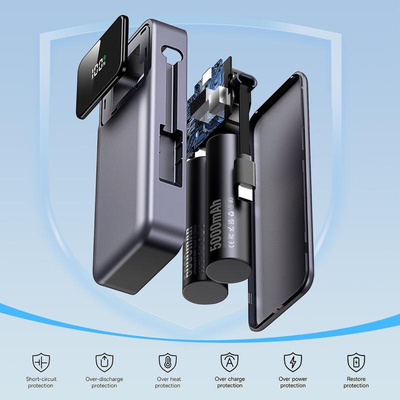 ONE LIFE Retractable-Cable Power Bank 10,000mAh 22.5W USB-C Fast Charging Dual Input/Output LED Display Compact Travel Charger for iPhone 16/15 & Samsung Galaxy Space Gray Digital