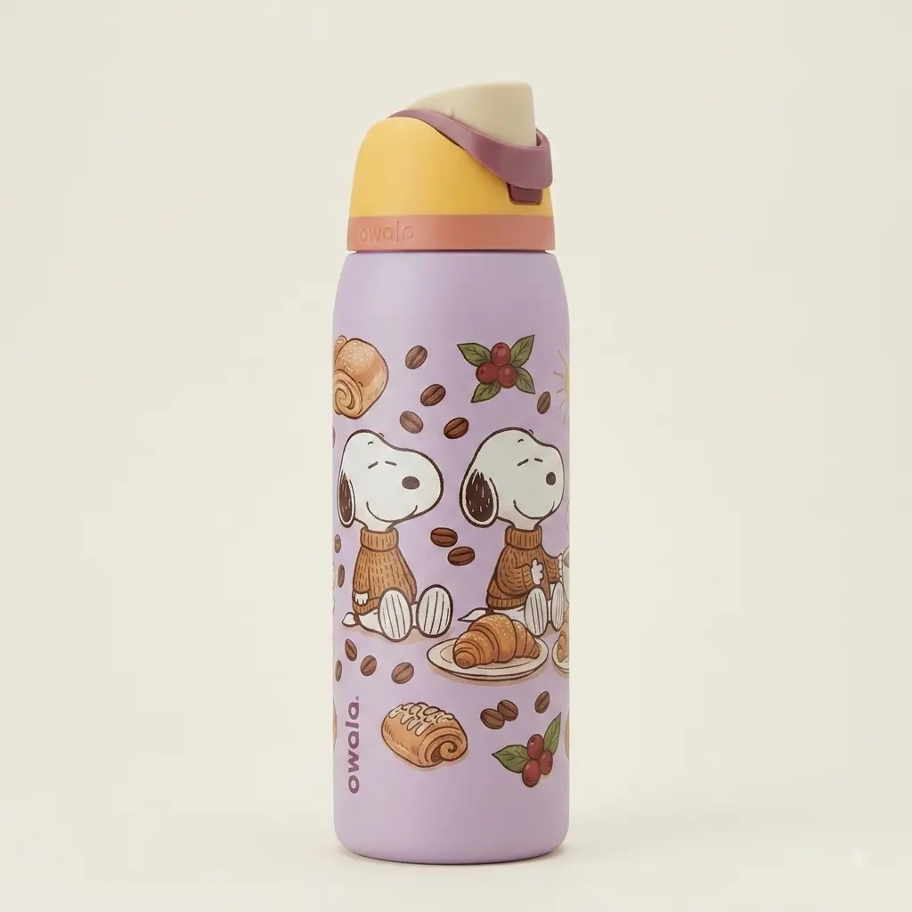 Owala Snoopyyy Coffee & Croissant Design Reusable Water Bottle with Secure Lid and Comfortable Grip