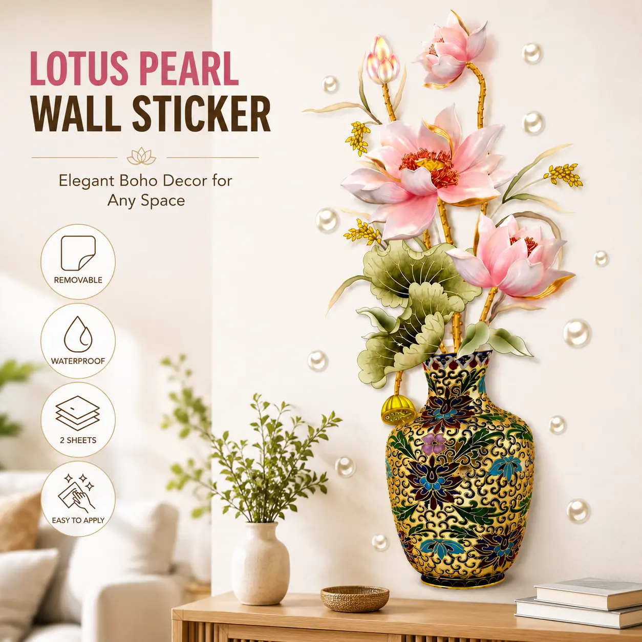 Lotus Pearl Indian Boho Die-Cut Vinyl Flower Adhesive Stickers, Smooth Waterproof Removable Easy-Install Peel-N-Stick, 2 Sheets (30x90cm) for Living Room Decor, Accent Wall Murals