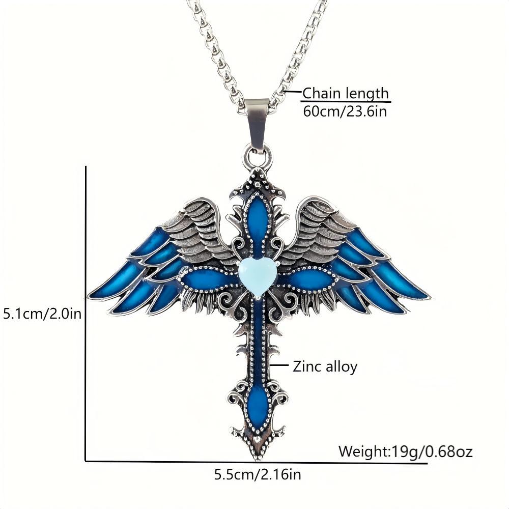 QIMENGLAI Winged Cross Luminous Pendant Necklace, Unique Versatile Eco-Plated Anti-Allergy Titanium Steel Chain, Glow-in-Dark Casual Wear Adjustable Gold Vacuum Birthstone Jewelry for Men Women