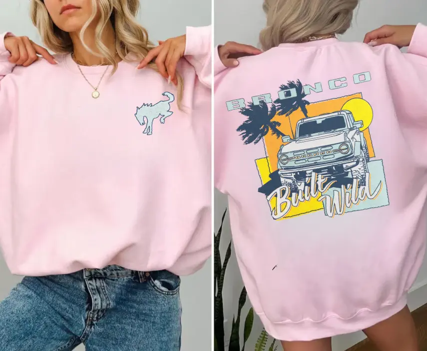 Ford Bronco Built Wild Womens Light Pink Crewneck Sweatshirt, Retro 4x4 Graphic Crewneck American Truck Lover Sweatshirt, Retro Adventure Graphic Crewneck,