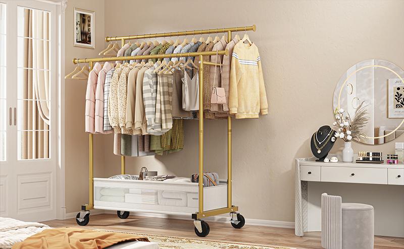 Raybee Double Hanging Rod Clothes Rack with Net Pockets, 3 in 1 Metal Clothing Rack with Wheels, Portable Rolling Garment Rack, Closet Rack for Bedroom, Apartment, Laundry Room, Bantique, Gold, Black, White