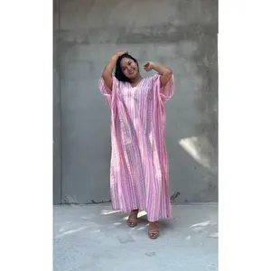 Ella Plus Size Cotton Kaftan with Pink Stripes