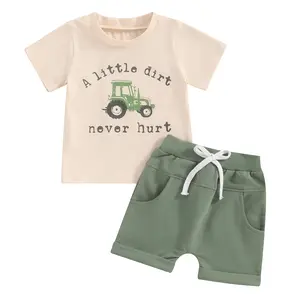 Toddler Baby Boys Summer Outfits Funny Letter A Little Dirt Tractor Print T Shirt Tops Elastic Waist Pockets Shorts Two Piece Set #Springtok