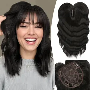 Auvzy 12Inch Wavy Hair Topper for Women, Hair Pieces Natural Looking Synthetic Wavy Wispy Clip in Bangs, 6x6 Base Full Coverage Fit Comfortabale, Perfect for Daily Using/Party