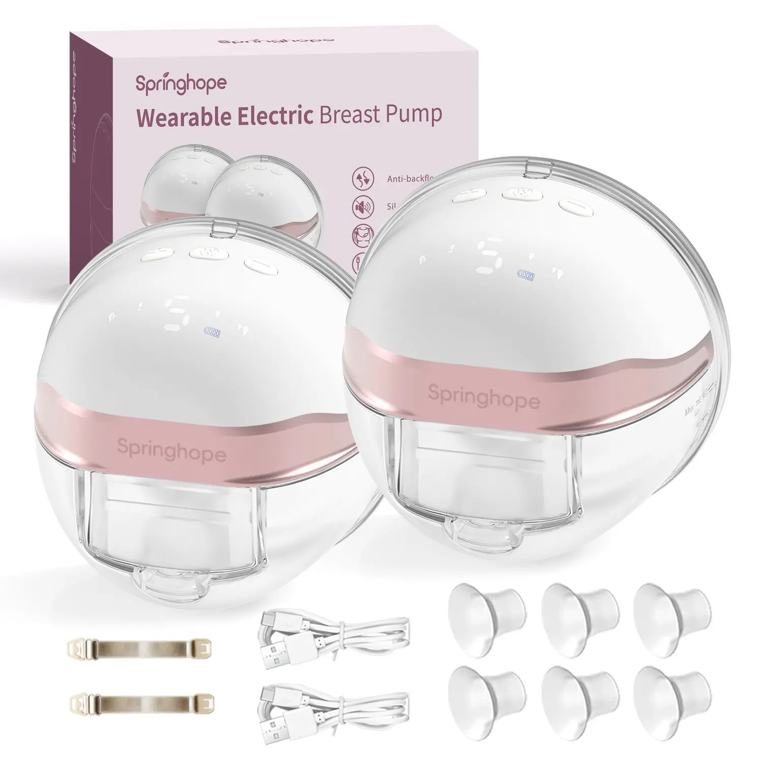 Springhope No.586 Hands-Free Breast Pump Portable, Comfortable Electric Double Breast Pump with 4 Modes & 9 Levels Adjustable Strong Suction, Wearable Breastfeeding Pump 19/21/24/28mm, 2 Pack