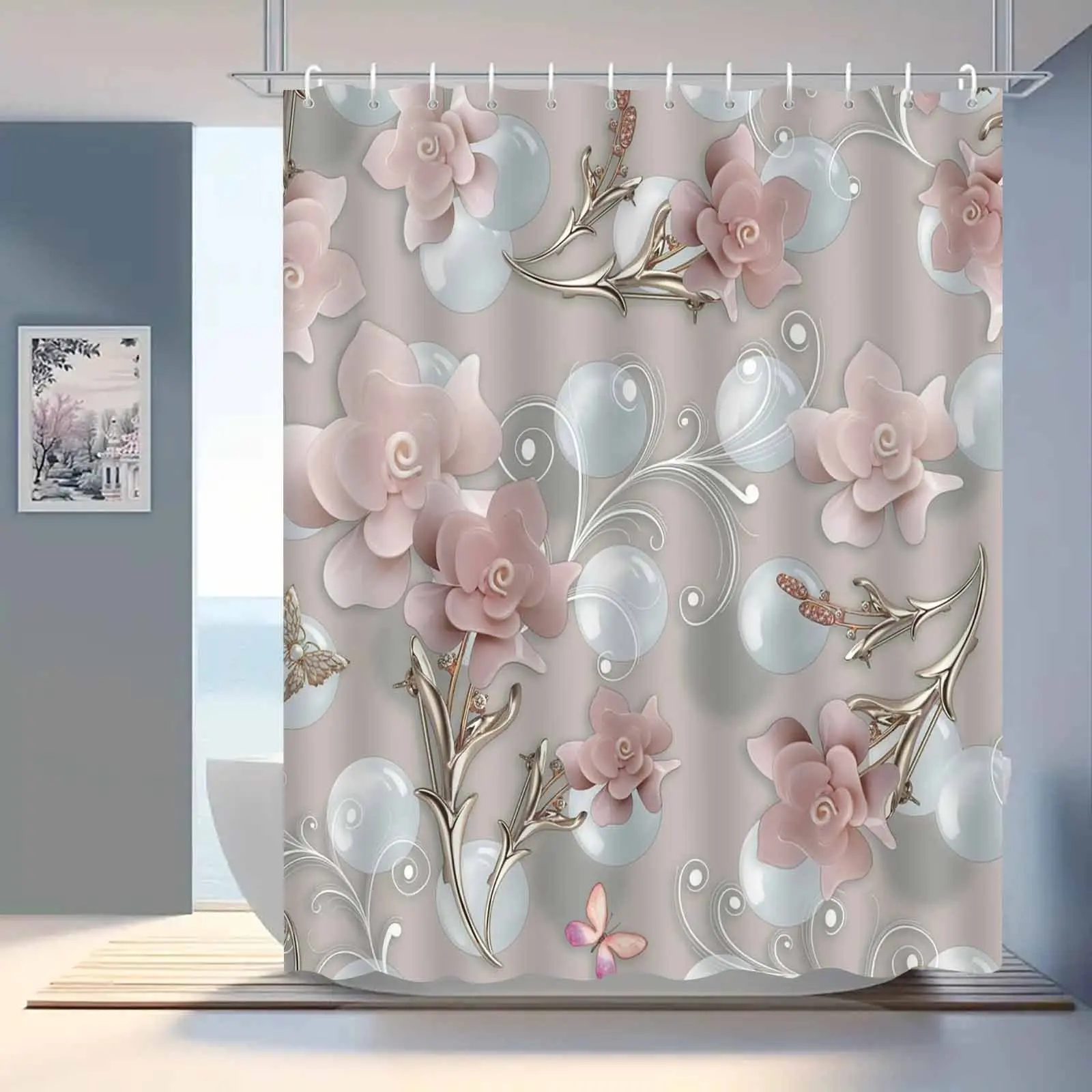 1pc High-End Elegant Nordic Vintage Feminine Floral Shower Curtain Bathroom Decoration for Bathroom Shower Curtains Use, Floral Curtains
