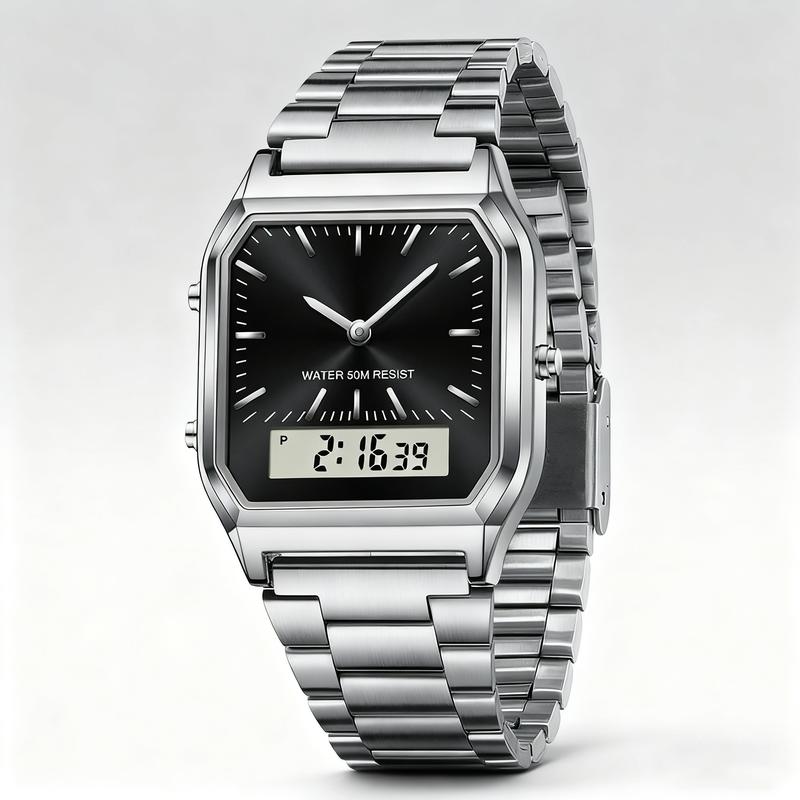 Stainless Steel Digital Sports Watch With Led Dual Display Unisex Water Resistant Quartz Wristwatch